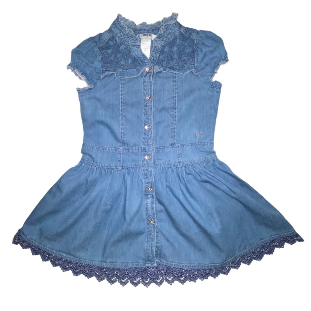 Guess Kids Denim Lace/Embroidery Flare Dress Size 4T Blue 100% Cotton